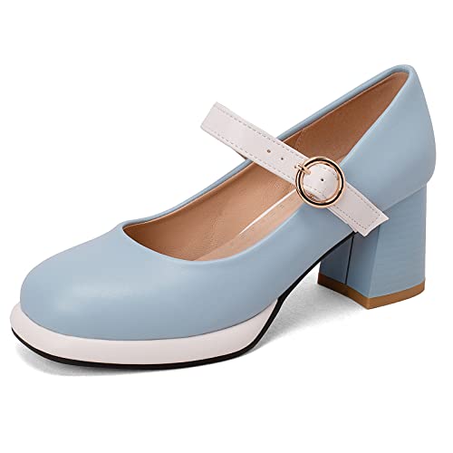 Lizoleor Runde Zehen Blockabsatz Damen Knöchelriemchen Mary Jane Schuhe Comfy Bridal Party Plateau Pumps Sweet Blau Gr 44 EU/46Cn von Lizoleor