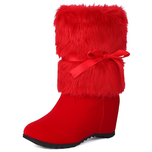 Lizoleor Runde Zehen Interne Erhohen Ohne Verschluss Damen Schneestiefel Sweet Bogen Keilabsatz Warm Fell Winter Christmas Stiefel Rot Gr 36 EU von Lizoleor