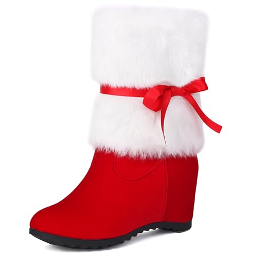 Lizoleor Runde Zehen Interne Erhohen Ohne Verschluss Damen Schneestiefel Sweet Bogen Keilabsatz Warm Fell Winter Christmas Stiefel Weiß Gr 41 EU/43Cn von Lizoleor