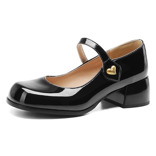 Lizoleor Runde Zehen Mary Jane Knöchelriemchen Blockabsatz Damen Schuhe Lack Sweet Bogen Concise Komfort Sommer Kleid Schuhe Schwarz Gr 45 EU/47Cn von Lizoleor