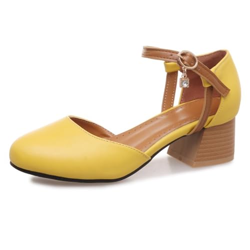Lizoleor Runde Zehen Sommer Mary Jane Blockabsatz Damensandalen Knöchelriemchen Schnalle Leisure Geschlossen Komfort Mitte Absatz Gelb Gr 52 EU/54Cn von Lizoleor