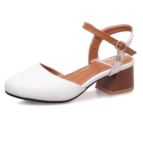 Lizoleor Runde Zehen Sommer Mary Jane Blockabsatz Damensandalen Knöchelriemchen Schnalle Leisure Geschlossen Komfort Mitte Absatz Weiß Gr 42 EU/44Cn von Lizoleor