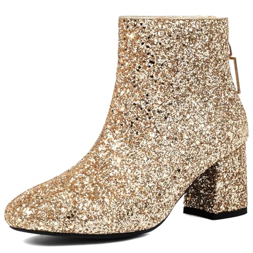 Lizoleor Sequins Hochzeit Blockabsatz Damänner Stiefeletten Runde Zehen Höhe Ferse Glitzer Reißverschluss Party Mode Herbst Stiefeletten Gold Gr 42 EU/44Cn von Lizoleor