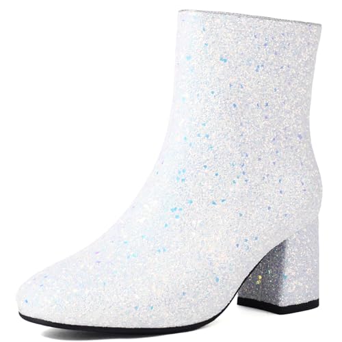 Lizoleor Sequins Hochzeit Blockabsatz Damänner Stiefeletten Runde Zehen Höhe Ferse Glitzer Reißverschluss Party Mode Herbst Stiefeletten Weiß Gr 34 Eu von Lizoleor