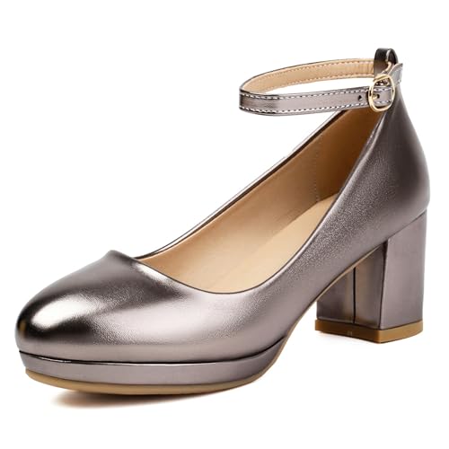 Lizoleor Shiny Bridal Blockabsatz Runde Zehen Elegant Damen Schuhe Plateau Knöchelriemchen Mary Jane Chunky Heel Abend Pumps Grau Gr 35 EU von Lizoleor