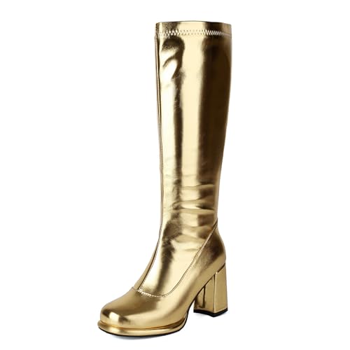 Lizoleor Shiny Party Blockabsatz Square Toe Damänner Knee Hohe Stiefel Plateau Weit Fit Seitlicher Reißverschluss Elegant Lack Kleid Boots Gold Gr 38 EU/39Cn von Lizoleor