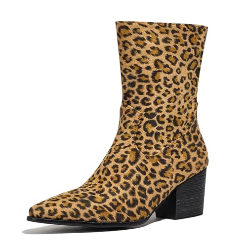 Lizoleor Side Reißverschluss Pointed Toe Chunky Heel Damen Stiefeletten Concise Wildleder Mitte Blockabsatz Klassische Half Cowboystiefel Leopard Gr 36 EU von Lizoleor