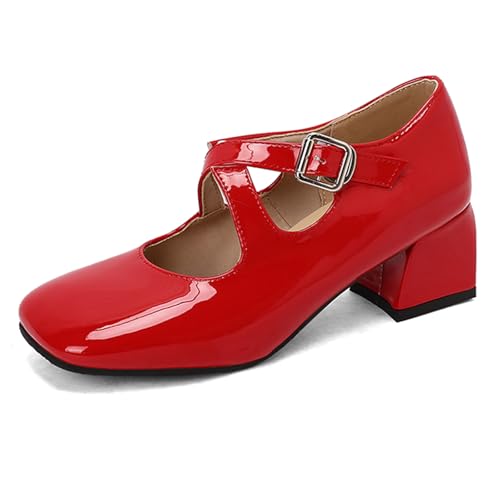 Lizoleor Square Toe Blockabsatz Damen Schuhe Klassischer Mary Jane Weit Fit Komfort Mitte Absatz Knöchelriemchen Concise Sommer Kleid Schuhe Rot Gr 45 EU/47Cn von Lizoleor
