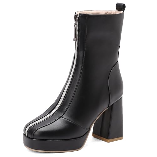 Lizoleor Square Toe Blockabsatz Reißverschluss Damen Stiefeletten Weit Fit Plateau Höhe Ferse Solid Color Kleid Stiefeletten Schwarz Gr 34 EU von Lizoleor