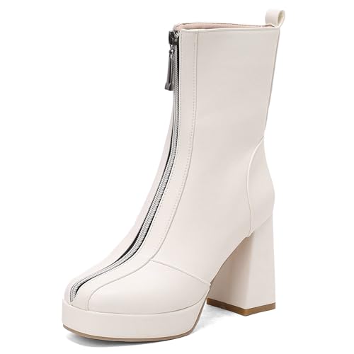 Lizoleor Square Toe Blockabsatz Reißverschluss Damen Stiefeletten Weit Fit Plateau Höhe Ferse Solid Color Kleid Stiefeletten Weiß Gr 38 EU/39Cn von Lizoleor