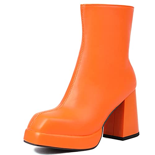 Lizoleor Square Toe Chelsea Damen Hohen Blockabsatz Plateau Ankle Stiefeletten Hochzeit Weit Fit Bridesmaid Kleid Reißverschluss Boots Orange Gr 38 EU/39Cn von Lizoleor