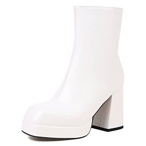 Lizoleor Square Toe Chelsea Damen Hohen Blockabsatz Plateau Ankle Stiefeletten Hochzeit Weit Fit Bridesmaid Kleid Reißverschluss Boots Weiß Gr 46 EU/48Cn von Lizoleor
