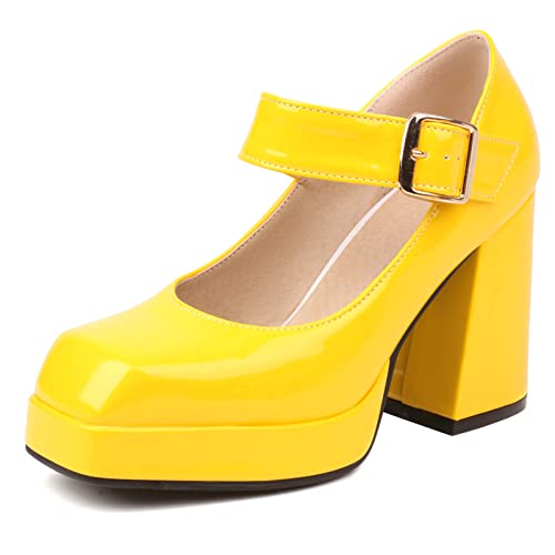 Lizoleor Square Toe Chunky Heel Damen Knöchelriemchen Mary Jane Schuhe Hochzeit Kleid Mode Plateau Pumps Lack Gelb Gr 39 EU/40Cn von Lizoleor