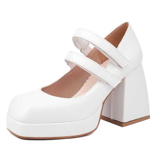 Lizoleor Square Toe Chunky Heel Plateau Knöchelriemchen Damen Schuhe Weit Fit High Blockabsatz Solid Color Double Strap Mary Jane Weiß Gr 41 EU/43Cn von Lizoleor