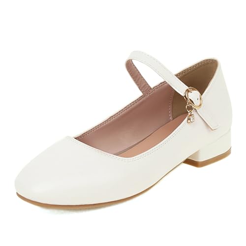 Lizoleor Square Toe Knöchelriemchen Niedrige Absatz Mary Jane Damen Schuhe Blockabsatz Weit Fit Schnalle Komfort Sommer Kleid Schule Pumps Weiß Gr 44 EU/46Cn von Lizoleor