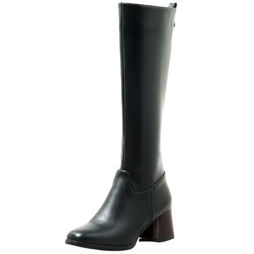 Lizoleor Square Toe Side Reißverschluss Blockabsatz Damen Knee Hohe Stiefel Höhe Ferse Weit Fit Warm Fell Long Reitstiefel Grün Gr 36.5 EU/37Cn von Lizoleor