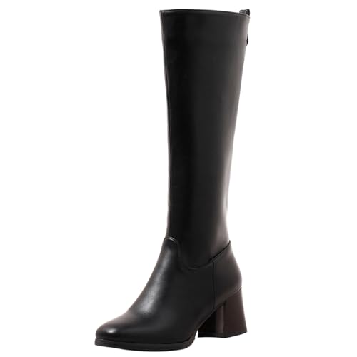 Lizoleor Square Toe Side Reißverschluss Blockabsatz Damen Knee Hohe Stiefel Höhe Ferse Weit Fit Warm Fell Long Reitstiefel Schwarz Gr 48 EU/50Cn von Lizoleor
