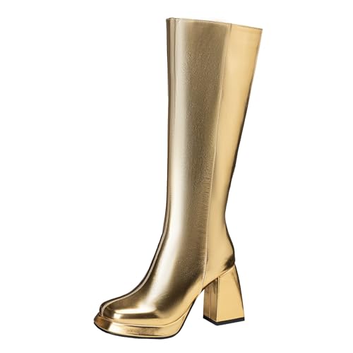 Lizoleor Square Toe Weit Fit Side Reißverschluss Damen Knee Hohe Stiefel Plateau Solid Color Blockabsatz Elegant Long Anzugstiefel Gold Gr 32 EU von Lizoleor
