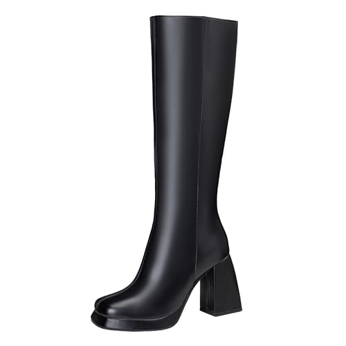 Lizoleor Square Toe Weit Fit Side Reißverschluss Damen Knee Hohe Stiefel Plateau Solid Color Blockabsatz Elegant Long Anzugstiefel Schwarz Gr 36.5 EU/37Cn von Lizoleor