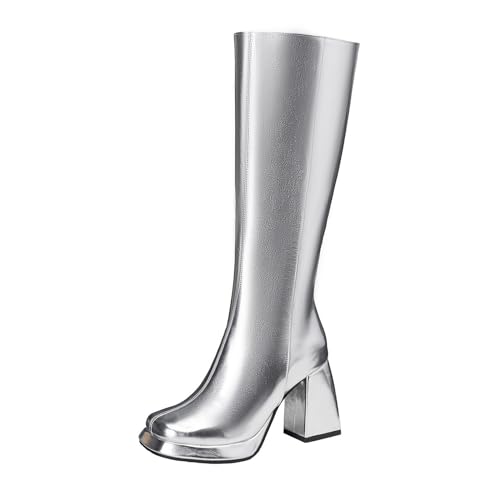 Lizoleor Square Toe Weit Fit Side Reißverschluss Damen Knee Hohe Stiefel Plateau Solid Color Blockabsatz Elegant Long Anzugstiefel Silber Gr 34 EU von Lizoleor