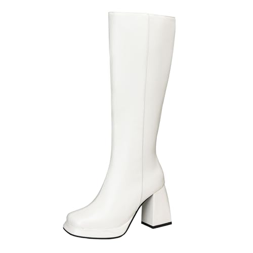 Lizoleor Square Toe Weit Fit Side Reißverschluss Damen Knee Hohe Stiefel Plateau Solid Color Blockabsatz Elegant Long Anzugstiefel Weiß Gr 32 EU von Lizoleor