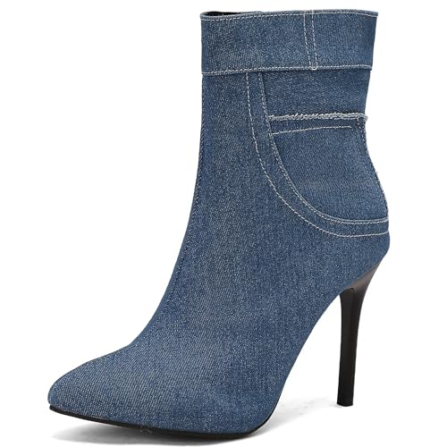 Lizoleor Stiletto Pointed Toe Denim Damänner Stiefeletten Seitlicher Reißverschluss Arbeit Höhe Ferse Concise Wildleder Stiefeletten Dark-Blau Gr 37 EU/38Cn von Lizoleor