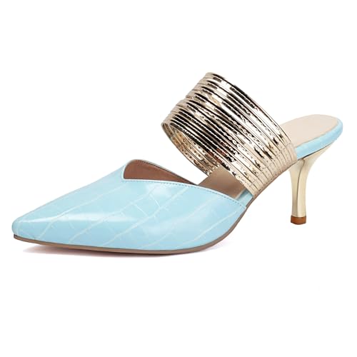 Lizoleor Stiletto Pointed Toe Mules Ohne Verschluss Damen Pantoffeln Slingback Stone Pattern Höhe Ferse Draußen Hausschuhe Pantoffeln Sandals Blau Gr 40 EU/41Cn von Lizoleor