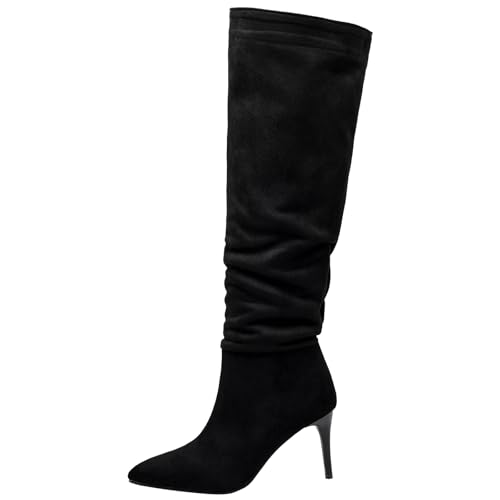 Lizoleor Stiletto Pointed Toe Ohne Verschluss Damänner Kniestiefel Concise Wildleder Höhe Ferse Mode Arbeit Slouch Kleid Boots Schwarz Gr 37 EU/38Cn von Lizoleor