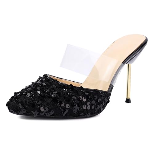 Lizoleor Stiletto Pointed Toe Ohne Verschluss Damen Hausschuhe Pantoffeln Sandals Mode Transparent Slingback Hochzeit Mules Prom Pantoffeln Schwarz Gr 37 EU/38Cn von Lizoleor