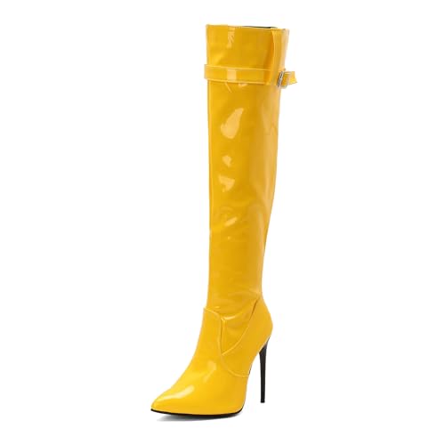 Lizoleor Stiletto Pointed Toe Side Reißverschluss Damen Overknees Stiefel Elegant Prom Super Höhe Ferse Solid Color Overknee Stiefel Gelb Gr 45 EU/47Cn von Lizoleor
