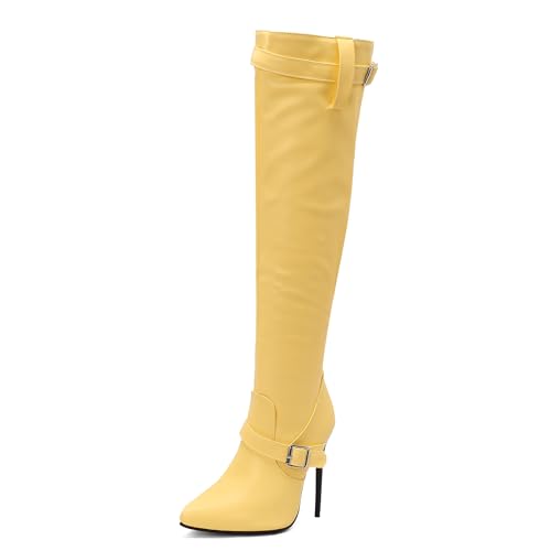 Lizoleor Stiletto Pointed Toe Side Reißverschluss Damen Overknees Stiefel Elegant Prom Super Höhe Ferse Solid Color Overknee Stiefel Gelb Gr 45 EU/47Cn von Lizoleor