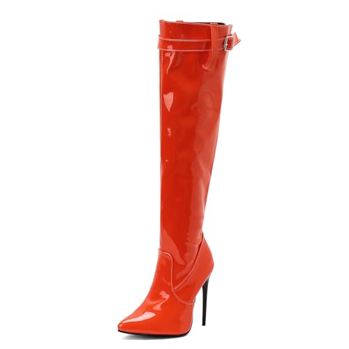 Lizoleor Stiletto Pointed Toe Side Reißverschluss Damen Overknees Stiefel Elegant Prom Super Höhe Ferse Solid Color Overknee Stiefel Orange Gr 40.5 EU/42Cn von Lizoleor