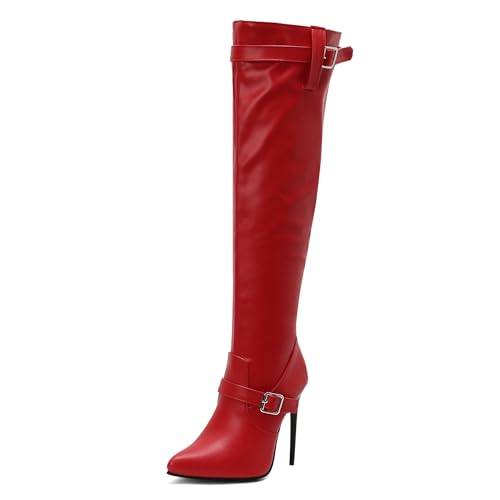 Lizoleor Stiletto Pointed Toe Side Reißverschluss Damen Overknees Stiefel Elegant Prom Super Höhe Ferse Solid Color Overknee Stiefel Rot Gr 45 EU/47Cn von Lizoleor
