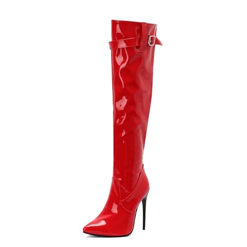 Lizoleor Stiletto Pointed Toe Side Reißverschluss Damen Overknees Stiefel Elegant Prom Super Höhe Ferse Solid Color Overknee Stiefel Rot Gr 46 EU/48Cn von Lizoleor