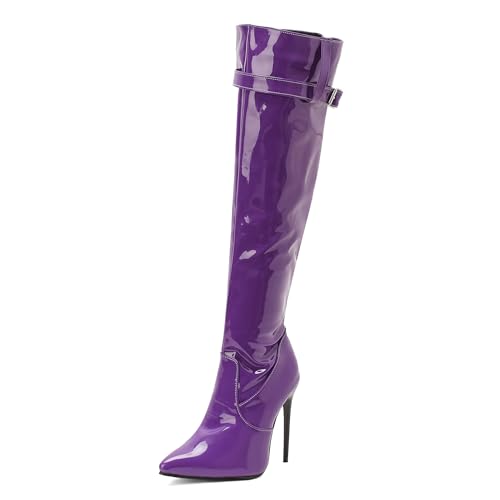 Lizoleor Stiletto Pointed Toe Side Reißverschluss Damen Overknees Stiefel Elegant Prom Super Höhe Ferse Solid Color Overknee Stiefel Violett Gr 45 EU/47Cn von Lizoleor