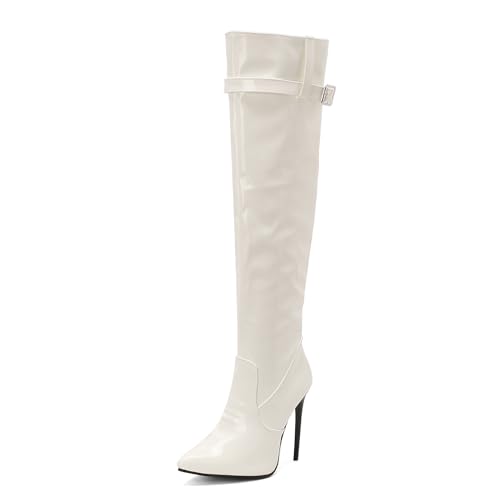 Lizoleor Stiletto Pointed Toe Side Reißverschluss Damen Overknees Stiefel Elegant Prom Super Höhe Ferse Solid Color Overknee Stiefel Weiß Gr 40.5 EU/42Cn von Lizoleor