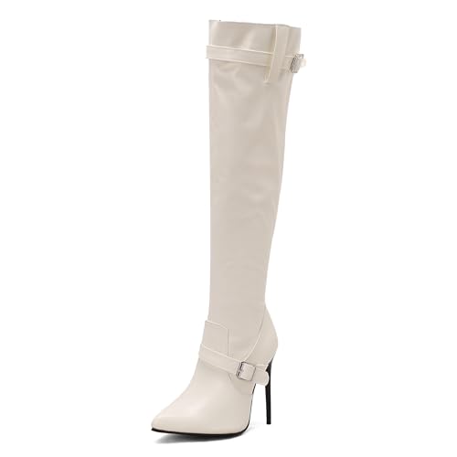 Lizoleor Stiletto Pointed Toe Side Reißverschluss Damen Overknees Stiefel Elegant Prom Super Höhe Ferse Solid Color Overknee Stiefel Weiß Gr 41 EU/43Cn von Lizoleor