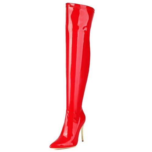Lizoleor Stiletto Side Reißverschluss Pointed Toe Damen Overknee Stiefel Shiny Lack Hochzeit Solid Color Long Anzugstiefel Rot Gr 35 EU von Lizoleor
