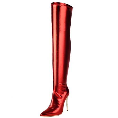 Lizoleor Stiletto Side Reißverschluss Pointed Toe Damen Overknee Stiefel Shiny Lack Hochzeit Solid Color Long Anzugstiefel Rot Gr 45 EU/47Cn von Lizoleor