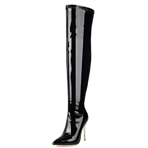 Lizoleor Stiletto Side Reißverschluss Pointed Toe Damen Overknee Stiefel Shiny Lack Hochzeit Solid Color Long Anzugstiefel Schwarz Gr 36 EU von Lizoleor