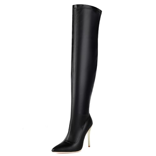 Lizoleor Stiletto Side Reißverschluss Pointed Toe Damen Overknee Stiefel Shiny Lack Hochzeit Solid Color Long Anzugstiefel Schwarz Gr 40 EU/41Cn von Lizoleor