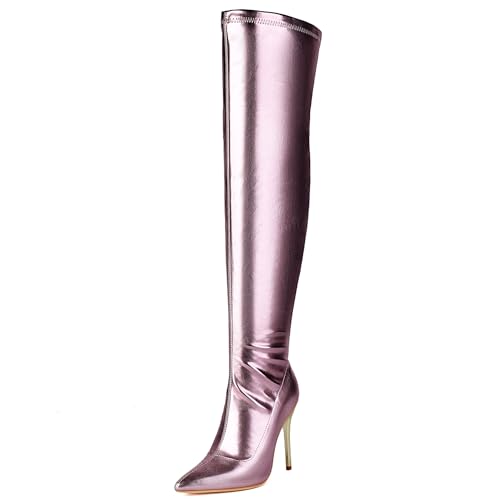Lizoleor Stiletto Side Reißverschluss Pointed Toe Damen Overknee Stiefel Shiny Lack Hochzeit Solid Color Long Anzugstiefel Violett Gr 45 EU/47Cn von Lizoleor