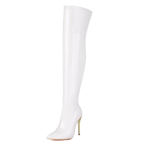 Lizoleor Stiletto Side Reißverschluss Pointed Toe Damen Overknee Stiefel Shiny Lack Hochzeit Solid Color Long Anzugstiefel Weiß Gr 46 EU/48Cn von Lizoleor