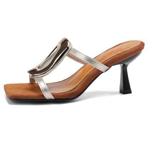 Lizoleor Stiletto Square Toe Slingback Damensandalen Weit Fit Shiny Höhe Ferse Stylish Sommer Kleid Sandales Gold Gr 36.5 EU/37Cn von Lizoleor