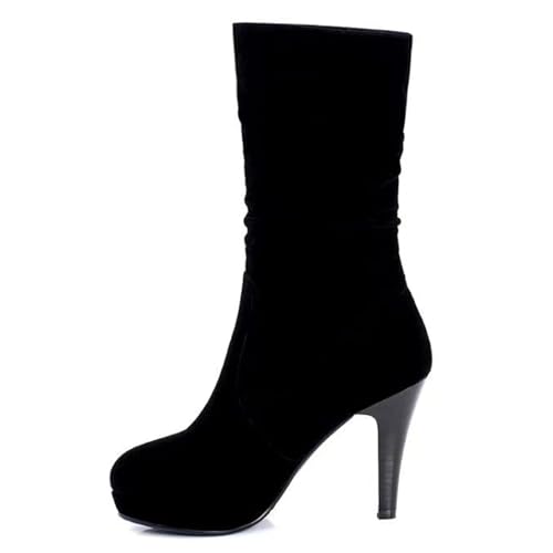 Lizoleor Stiletto Winter Kleid Damänner Gerafft Halbschaft Boots Runde Zehen Buro Arbeit Formal Schuhe Ohne Verschluss Wildleder Plateau Stiefeletten Schwarz Gr 39 EU/40Cn von Lizoleor