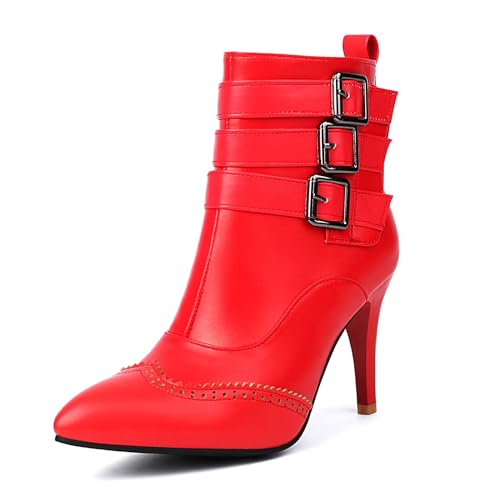Lizoleor Stilettos Pointed Toe Side Reißverschluss Damen Anzugstiefel Brouge Schnalle Höhe Ferse Carved Herbst Arbeit Stiefeletten Rot Gr 44 EU/46Cn von Lizoleor