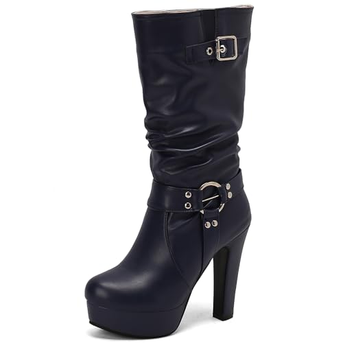 Lizoleor Stylish Blockabsatz Runde Zehen Damen Geschirrstiefel Ohne Verschluss Pleated Plateau Super Höhe Ferse Schnalle Hohe Stiefel Blau Gr 44 EU/46Cn von Lizoleor