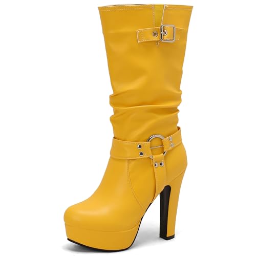 Lizoleor Stylish Blockabsatz Runde Zehen Damen Geschirrstiefel Ohne Verschluss Pleated Plateau Super Höhe Ferse Schnalle Hohe Stiefel Gelb Gr 36.5 EU/37Cn von Lizoleor