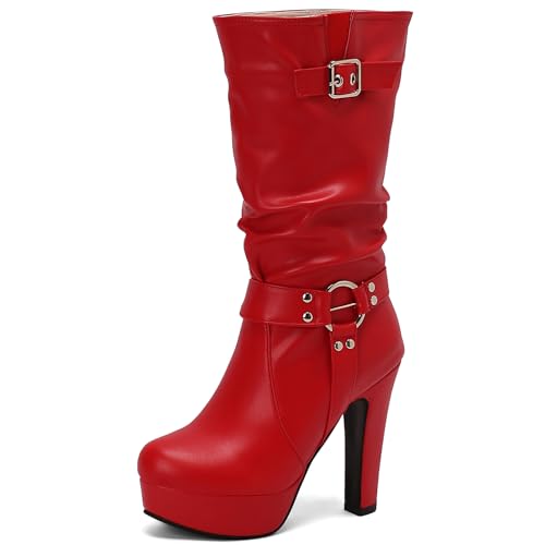 Lizoleor Stylish Blockabsatz Runde Zehen Damen Geschirrstiefel Ohne Verschluss Pleated Plateau Super Höhe Ferse Schnalle Hohe Stiefel Rot Gr 42 EU/44Cn von Lizoleor