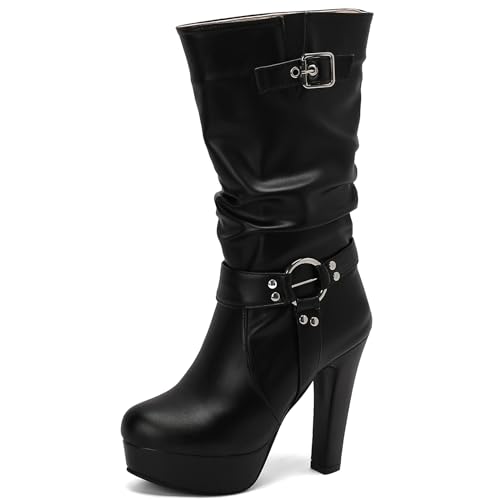 Lizoleor Stylish Blockabsatz Runde Zehen Damen Geschirrstiefel Ohne Verschluss Pleated Plateau Super Höhe Ferse Schnalle Hohe Stiefel Schwarz Gr 48 EU/50Cn von Lizoleor